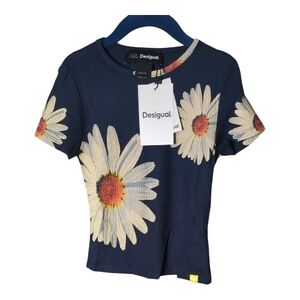 NWT Desigual Girl's Ribbed Daisy‎ T-Shirt Navy Size 5/6 Years
